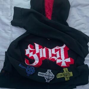 ☾.݁ᛪ༙ XL Ghost Band Zip Up Hoodie - SMALL BLEACH STAINS AND PAINT + NO STRING